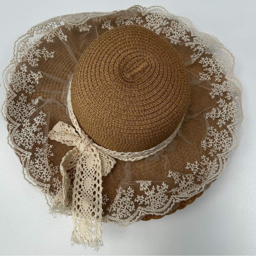 Summer Lace Straw Hats for Girls Wide Brim Floppy Beach Sun Visor Hat